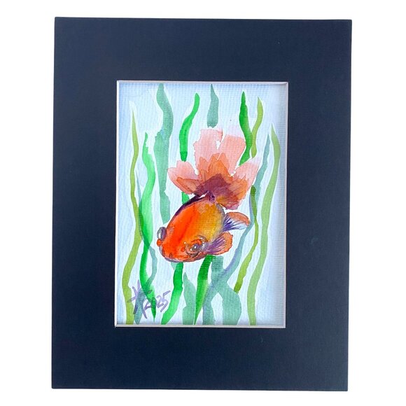 Fluffy Goldfish Original Wall Art Fish Watercolor Painting Matted 8x10in - Picture 2 of 6